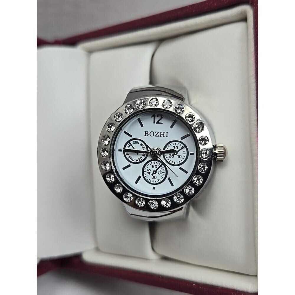 Bozhi Womens Ring Watch Silver Rhinestone Bezel Quartz New Battery Stretch Band